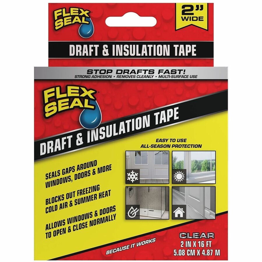 FLEX SEAL Draft Tape - 16 ft Length x 2" Width - Clear - Weather Proof, Moisture Proof, Cold Resistant, Crack Resistant, Dust Resistant, Moisture Resistant - For Drafting, Insulating, Window, Door, Sealing, Indoor, Outdoor, Multi Surface, Nonporous Sur...