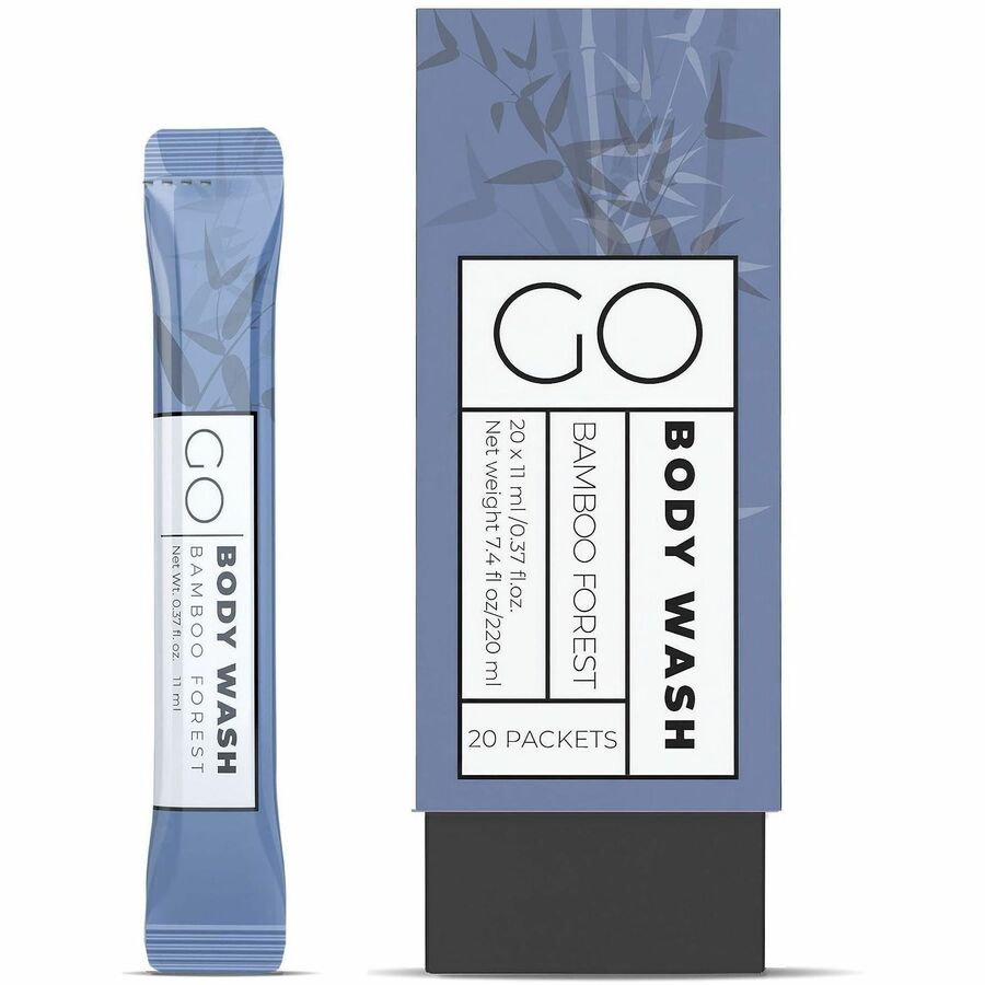 Go Essentials Travel-Size Body Wash Packets - Bamboo Forest Scent - 0.37 fl oz - Body, Hotel, Spa, Skin, Gym - Moisturizing - Blue - Sulfate-free, Paraben-free - 20 / Pack