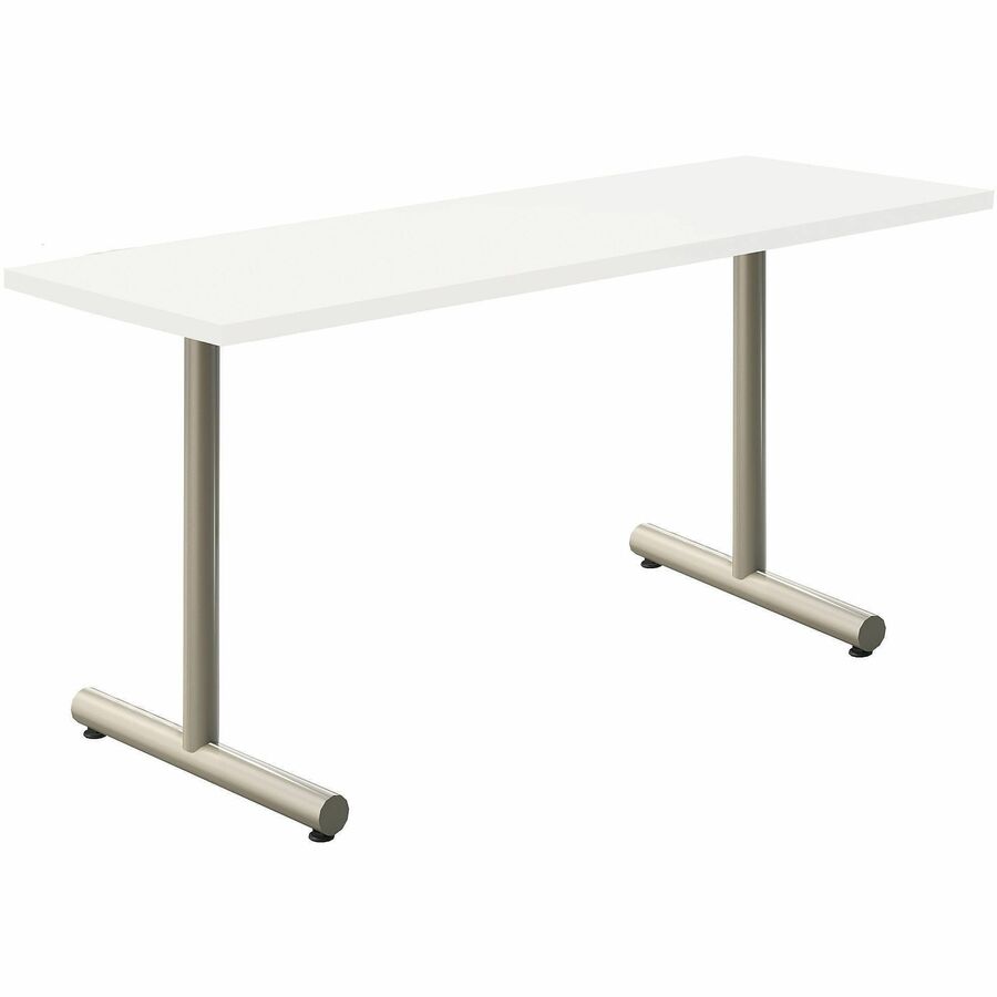 Acacia Collection Table Desk - Frosty White Top - Silver T-shaped, Powder Coated Base - 18" Table Top Width x 60" Table Top Depth x 1.10" Table Top Thickness - 30" Height - Assembly Required - High Pressure Laminate (HPL) Top Material - Steel Base Mate...