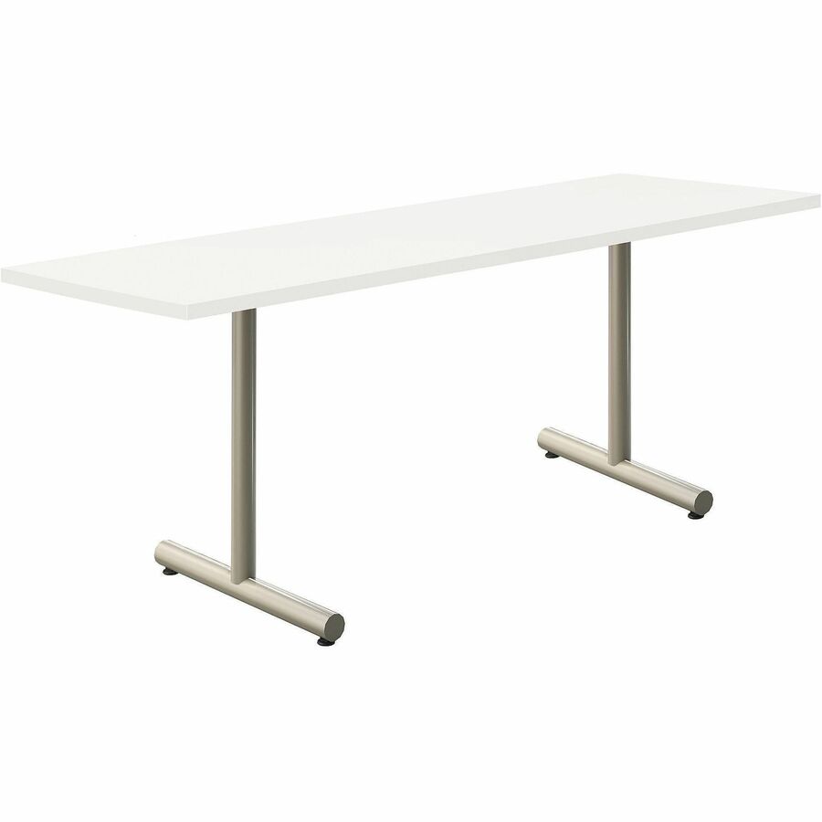 Acacia Collection Table Desk - Frosty White Top - Silver T-shaped, Powder Coated Base - 18" Table Top Width x 72" Table Top Depth x 1.10" Table Top Thickness - 30" Height - Assembly Required - High Pressure Laminate (HPL) Top Material - Steel Base Mate...