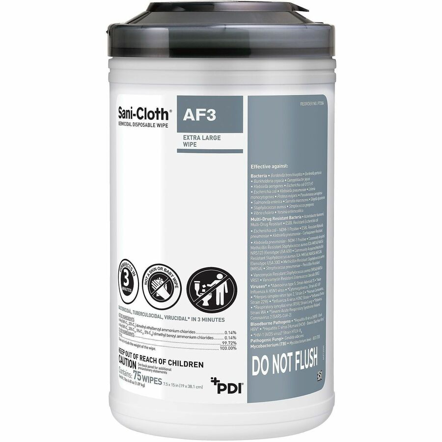 PDI Sani-Cloth AF3 Germicidal Wipes - For Nonporous Surface, Hard Surface, Equipment - Ready-To-Use - Wipe - 15" Length x 7.50" Width - Recommended For: Germs Remover - Kill Germs, Disposable, Alcohol-free, Fragrance-free - Gray - 75 Wipes/Can - 6 / Ca...