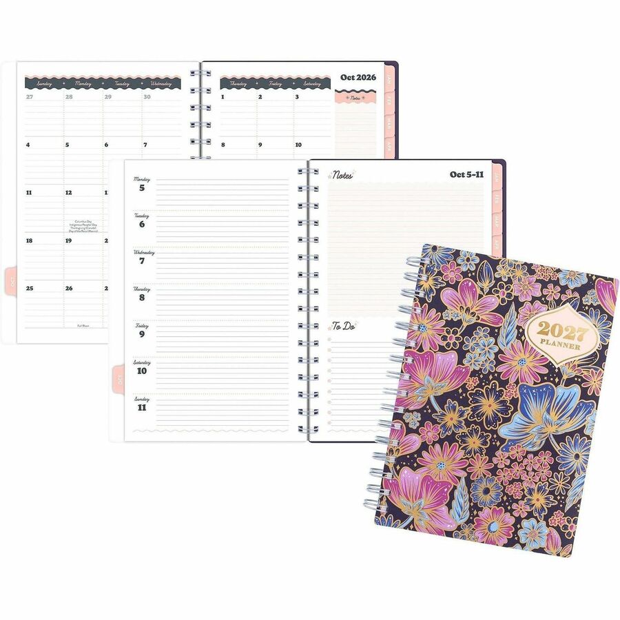 Mead CatCoq Retro Flower Weekly/Monthly Planner - Weekly, Monthly - 15 Month - October 2026 to December 2027 - 5 1/2" x 8 1/2" Sheet Size - Wire Bound - Poly Cover
