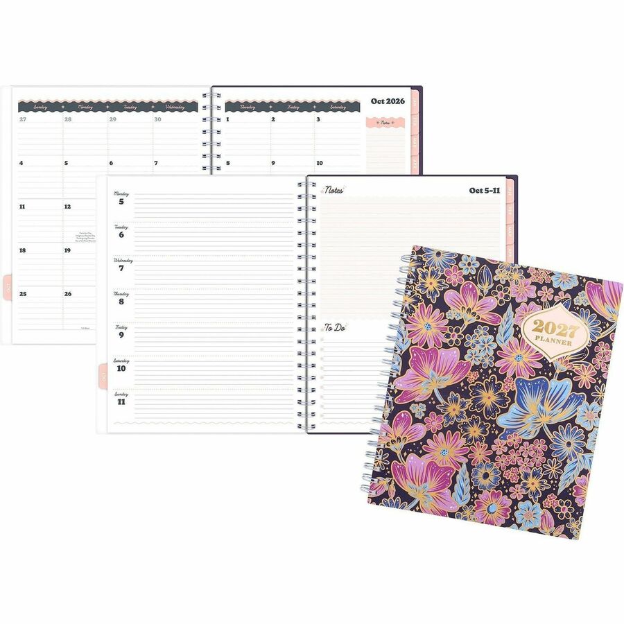 Mead CatCoq Retro Flower Weekly/Monthly Planner - Weekly, Monthly - 15 Month - October 2026 to December 2027 - Letter - 8 1/2" x 11" Sheet Size - Wire Bound - Poly Cover
