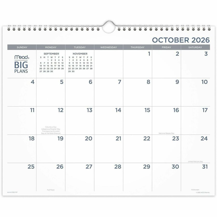 Mead BIG PLANS Monthly Wall Calendar - Monthly - 15 Month - October 2026 to December 2027 - 12" x 15" Sheet Size - 2.18" x 2.81" Block - Twin Wire - Wall Mount - White Cover