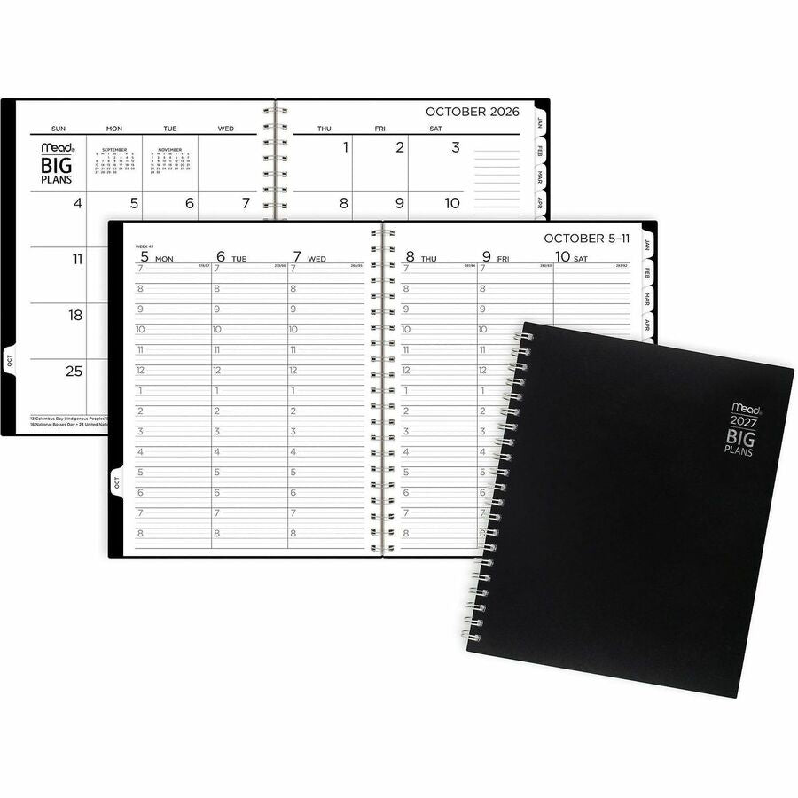 Mead BIG PLANS Weekly/Monthly Planner - Julian Dates - Weekly, Monthly - 15 Month - October 2026 to December 2027 - 7:00 AM to 8:00 PM - Hourly - Monday - Friday - Letter - 8 1/2" x 11" Sheet Size - Twin Wire - Black Poly Cover