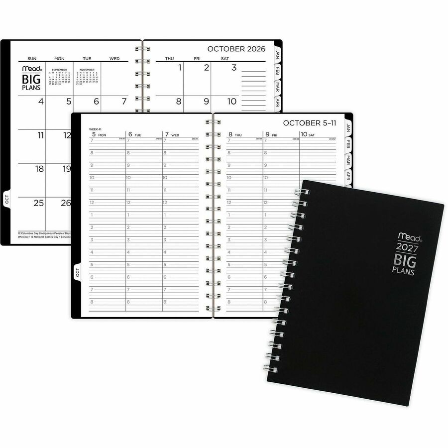 Mead BIG PLANS Weekly/Monthly Planner - Julian Dates - Weekly, Monthly - 15 Month - October 2026 to December 2027 - 7:00 AM to 8:00 PM - Hourly - Monday - Friday - 5 1/2" x 8 1/2" Sheet Size - Twin Wire - Black Poly Cover