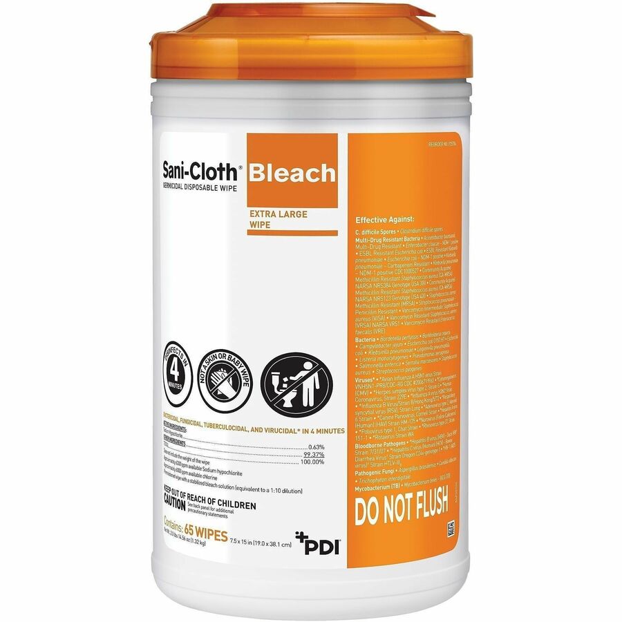 PDI Sani-Cloth Bleach Germicidal Disposable Wipes - For Hard Surface, Nonporous Surface, Healthcare - Ready-To-Use - Wipe - 0.86 oz (0.05 lb) - 5" Length x 6" Width - Disposable, Disinfectant - Orange - 160 Wipes/Canister - 12 / Carton