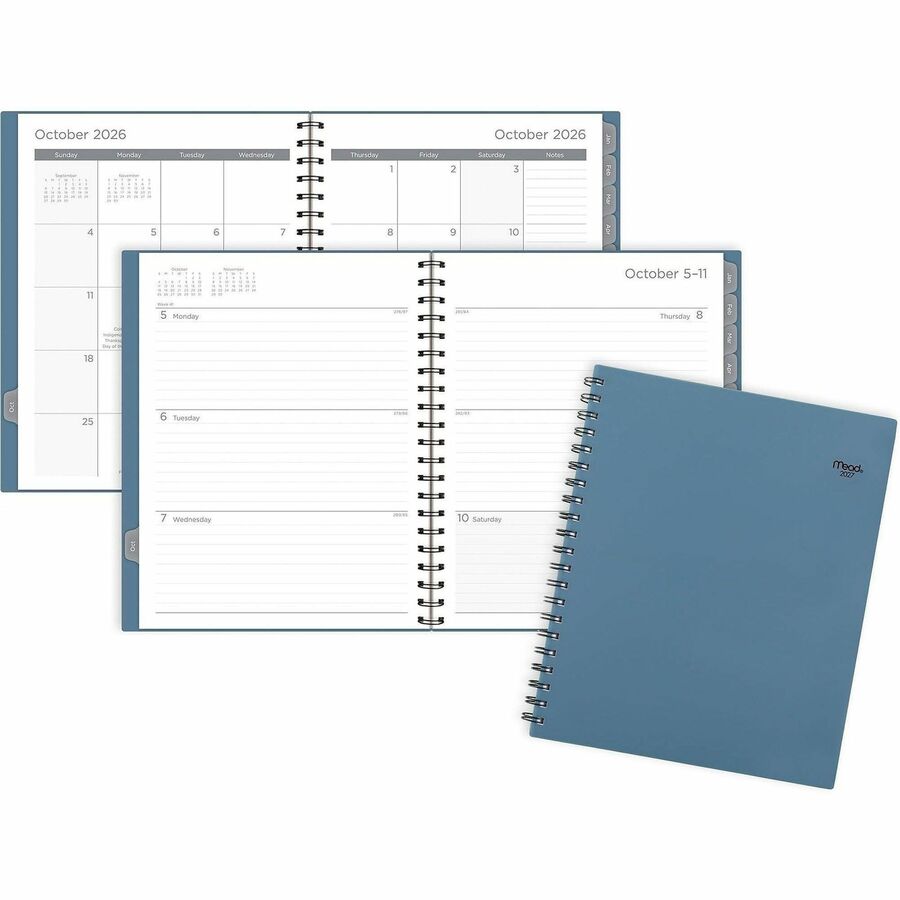 Mead Basic Weekly/Monthly Planner - Weekly, Monthly - 15 Month - October to December - 1 Week, 1 Month Double Page Layout - Letter - 8 1/2" x 11" Sheet Size - Twin Wire - Composure Blue Poly Cover