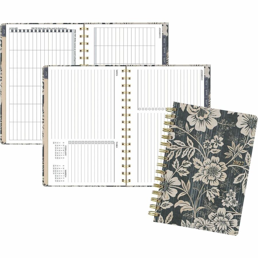 Cambridge Denim Blooms Monthly Planner - Monthly - 12 Month - January 2027 to December 2027 - 5 1/2" x 8 1/2" Sheet Size - Twin Wire - Paper Cover