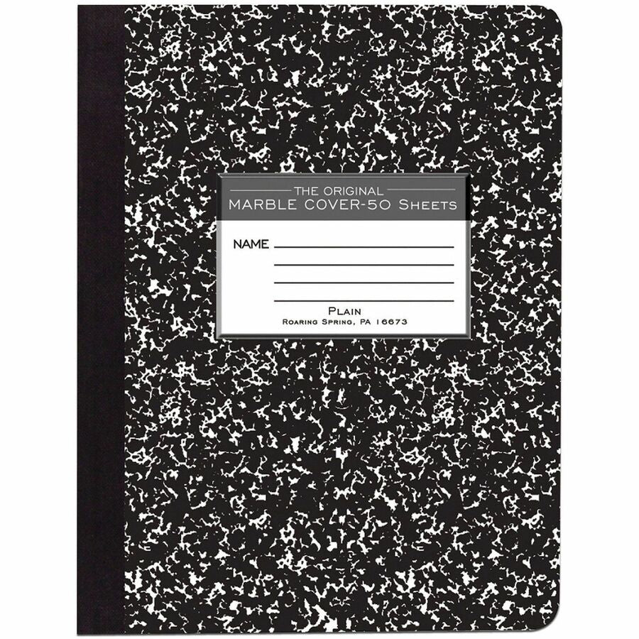 Roaring Spring Unruled Paper Composition Book - 50 Sheets - 100 Pages - Plain - Sewn/Tapebound - Unruled Front Ruling - 15 lb Basis Weight - 9 3/4" x 7 1/2" Sheet Size - 9.8" Width x 7.5" Depth - White Paper - Black Marble Board Cover - Hard Cover, Smo...