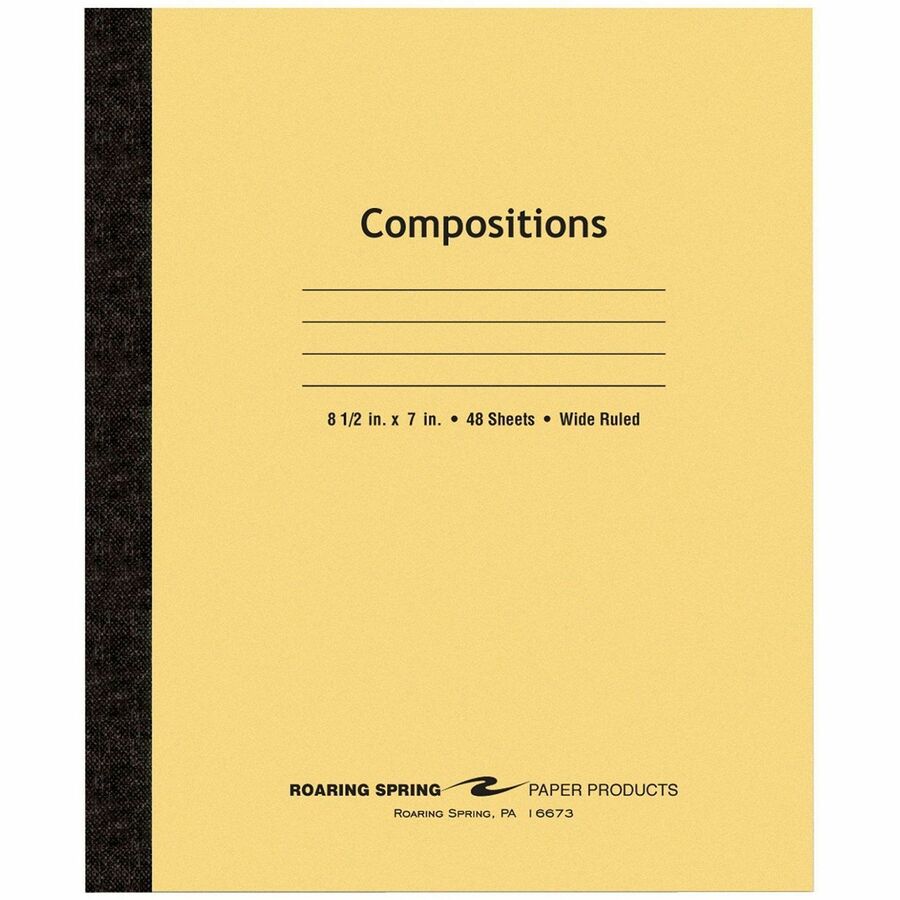Roaring Spring Plain Cover Tapebound Comp Notebook - 48 Sheets - 96 Pages - Sewn/Tapebound - Both Side Ruling Surface - Wide Ruled Front Ruling - 15 lb Basis Weight - Legal - 8 1/2" x 7" Sheet Size - 7" Width x 8.5" Depth - White Paper - Black Binding...