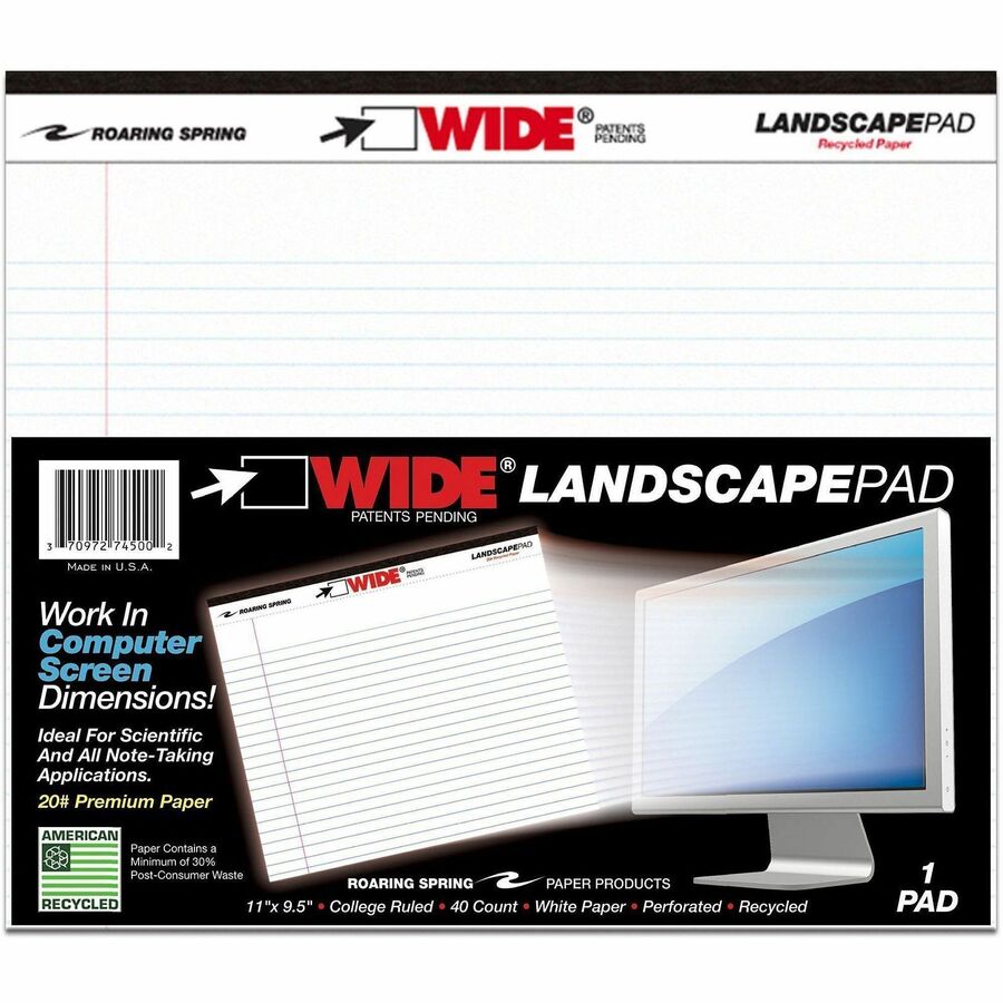 Roaring Spring Wide Landscape White Writing Pads - 40 Sheets - 80 Pages - Stapled/Tapebound - Both Side Ruling Surface - College Ruled Front Ruling - 0.28" Ruled - Red Margin - 20 lb Basis Weight - Legal - 11" x 9 1/2" Sheet Size - White Paper - White...