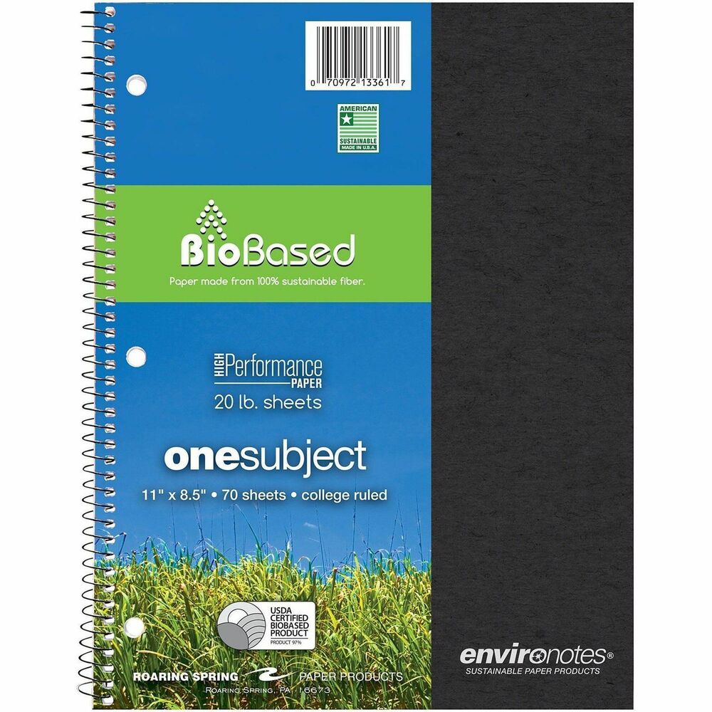 Roaring Spring Environotes Wirebound Notebook - 1 Subject(s) - 70 Sheets - 140 Pages - Spiral - Both Side Ruling Surface - College Ruled Front Ruling