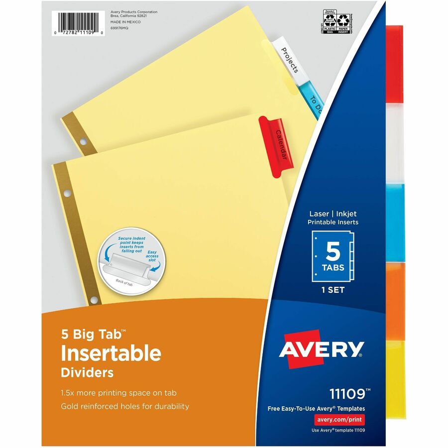 Avery Big Tab Insertable Dividers - 5 Tab(s)/Set - 8.5" Divider Width x 11" Divider Length - 3 Hole Punched - Buff Buff Paper Divider - Multicolor Plastic Tab(s) - Recycled - Insertable, Hole-punched, Customizable, Gold Reinforced, Reinforced Hole, Tea...