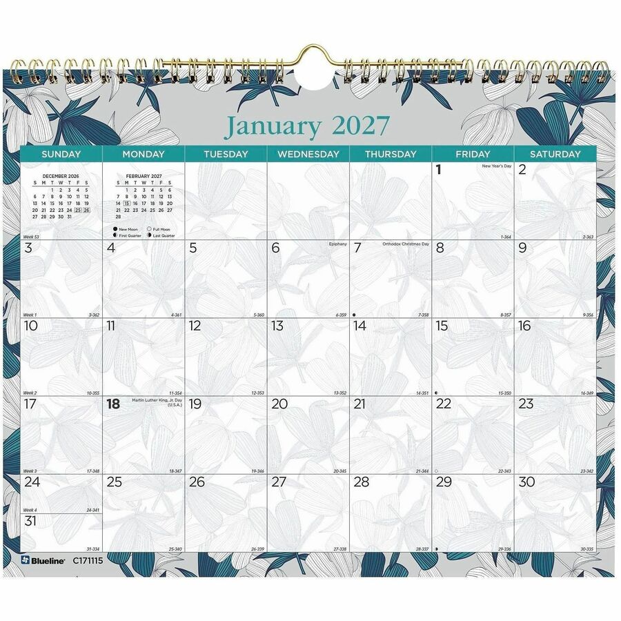 Blueline Garden Monthly Wall Calendar - Julian Dates - Monthly - 12 Month - January to December - 1 Month, 1 Day Single Page Layout - 15" x 12" Sheet Size - Twin Wire - Wall Mount - Paper