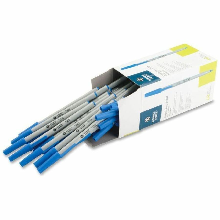 Business Source Ballpoint Stick Pens - Medium Pen Point - Blue Ink - Tungsten Carbide, Brass Tip - Writing - 8 / Carton