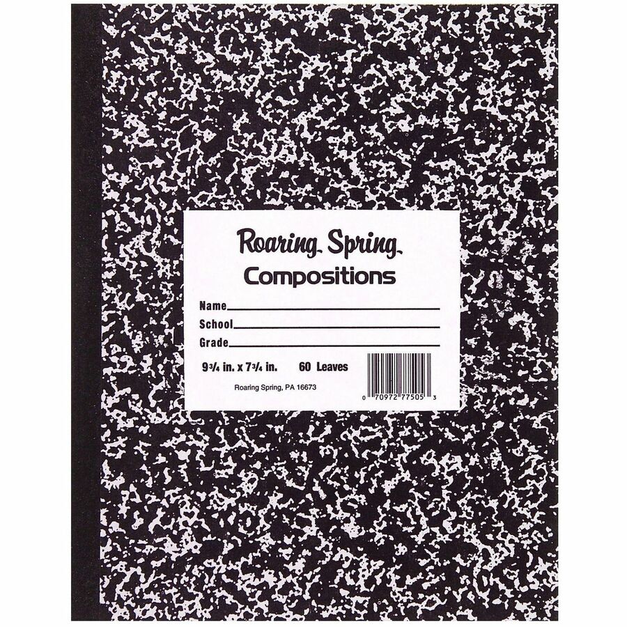 Roaring Spring Tape Bound Composition Notebooks - 60 Sheets - 120 Pages - Sewn/Tapebound - Both Side Ruling Surface - Wide Ruled Front Ruling - Red Margin - 15 lb Basis Weight - 9 3/4" x 7 3/4" Sheet Size - 7.8" Width x 9.8" Depth - White Paper - Black...