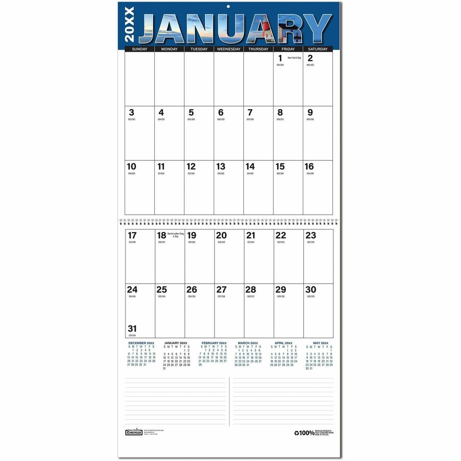 House of Doolittle Recycled Big Block Wall Calendar - Julian Dates - Monthly - 12 Month - January 2027 to December 2027 - 1 Month Double Page Layout - 12" x 24" Sheet Size - 3" x 1.50" Block - Wire Bound - Wall Mount - Multi - Paper
