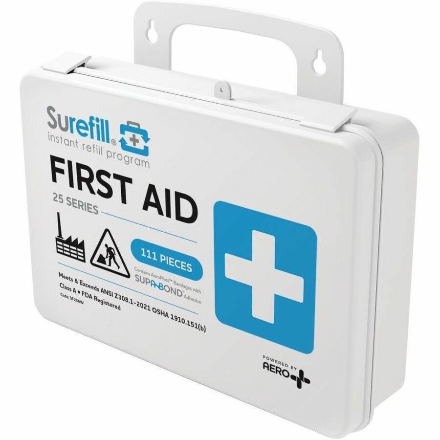 Aero Surefill Weatherproof First-Aid Kits - 111 x Piece(s) For 25 x Individual(s) - 7" Height x 3" Width10" Length - Plastic Case - Blue, White - 1 Each