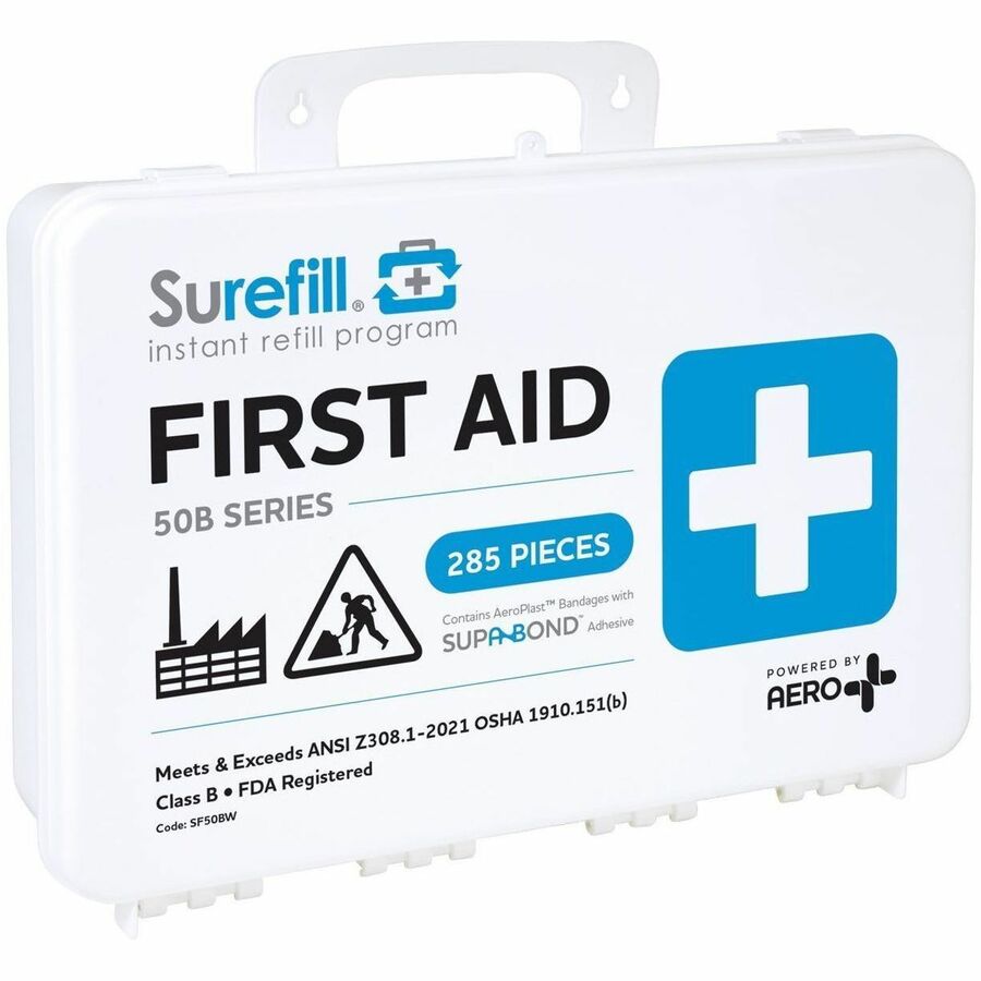 Aero Surefill Weatherproof First-Aid Kits - 285 x Piece(s) For 50 x Individual(s) - 10" Height x 4" Width14" Length - Plastic Case - Blue, White - 1 Each
