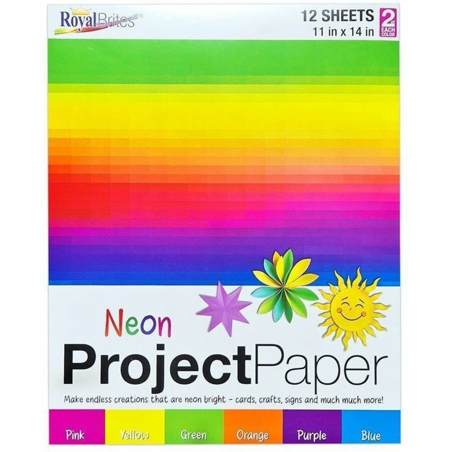 Royal Brites 2-Sided Project Paper Neon Assortment - Craft, Project, Cutting, Shaping, Poster, Classroom, Party, Decoration, Student, Display, DIY Project, ... - Matte Texture - Assorted Neon - Paper - 12 / Carton