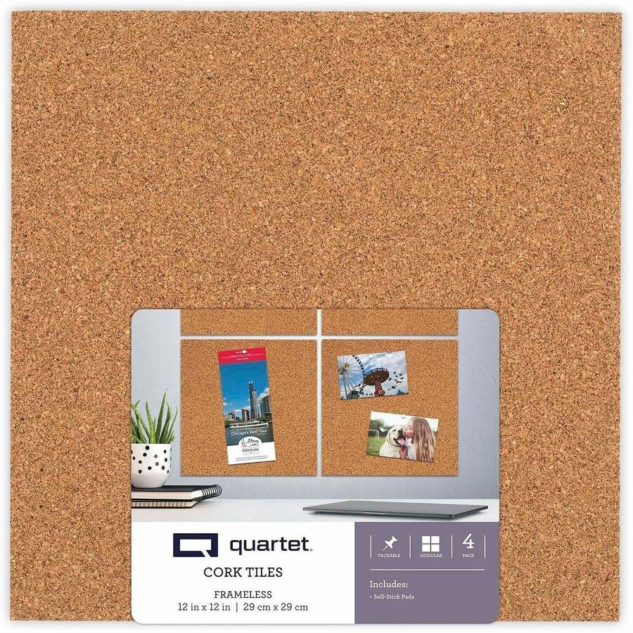 Quartet Frameless Modular Cork Tiles - 12" Board Height x 12" Board Width x 0.37" Board Depth - Brown Natural Cork Surface - Self-stick, Durable, Noise Absorbant, Self-healing, Frameless, Adhesive - 4 - 1 Pack