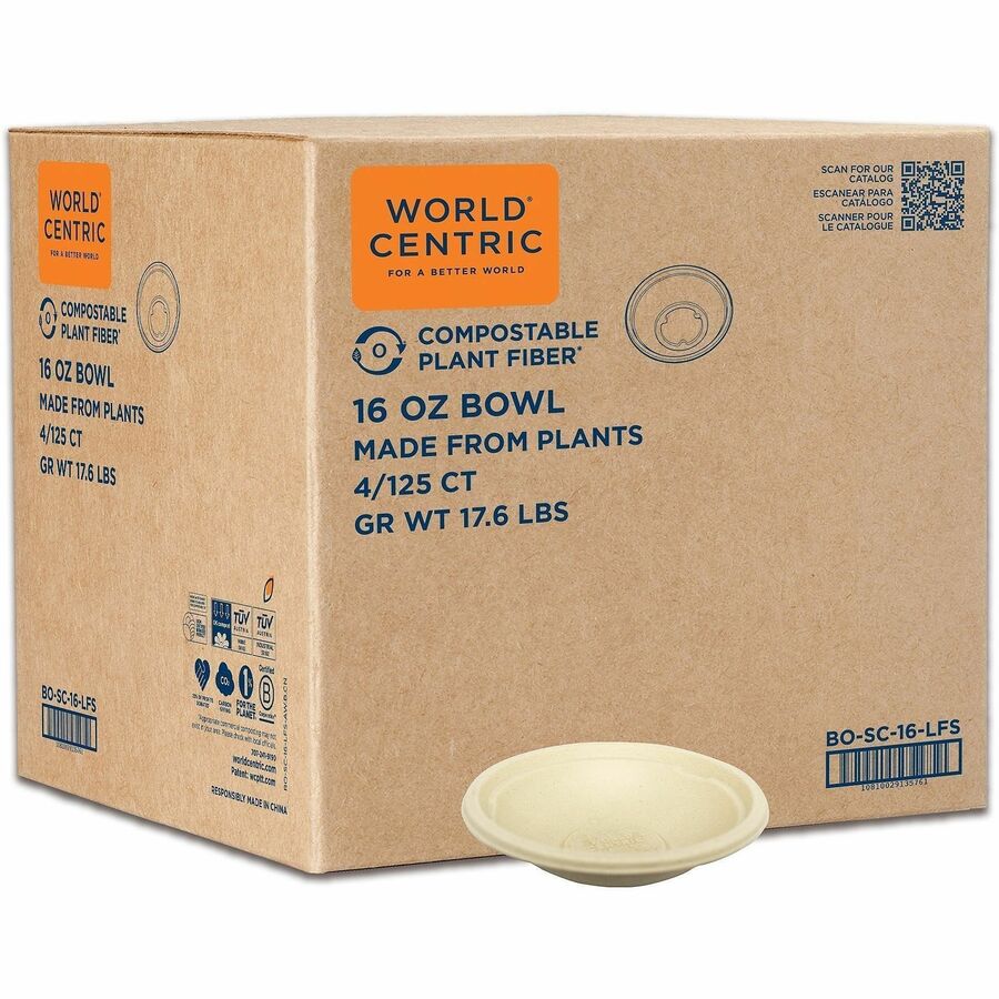 World Centric Compostable Fiber Bowl - Food, Soup, Ice Cream - Natural - Fiber Body - 4 / Carton