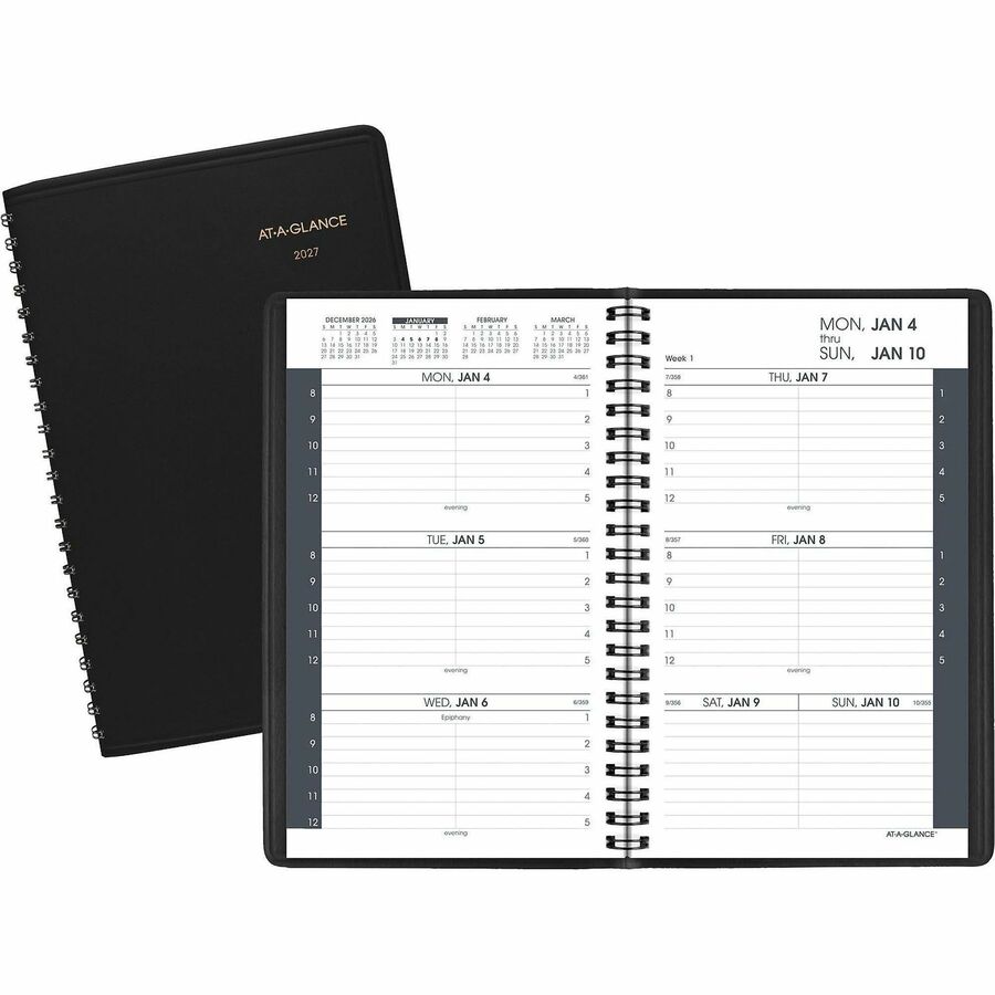 At-A-Glance Appointment Book Planner - Weekly - 1 Year - January 2027 to December 2027 - 8:00 AM to 5:00 PM - Hourly - 1 Week Double Page Layout - 4 7/8" x 8" Sheet Size - Black - Faux Leather - 1 Each