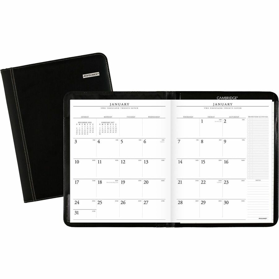At-A-Glance Executive Padfolio - Monthly - 13 Month - January 2027 to January 2028 - 1 Month Double Page Layout - 9" x 11" Sheet Size - White Sheet - Stapled - Black - Simulated Leather, Faux Leather - 1 Each
