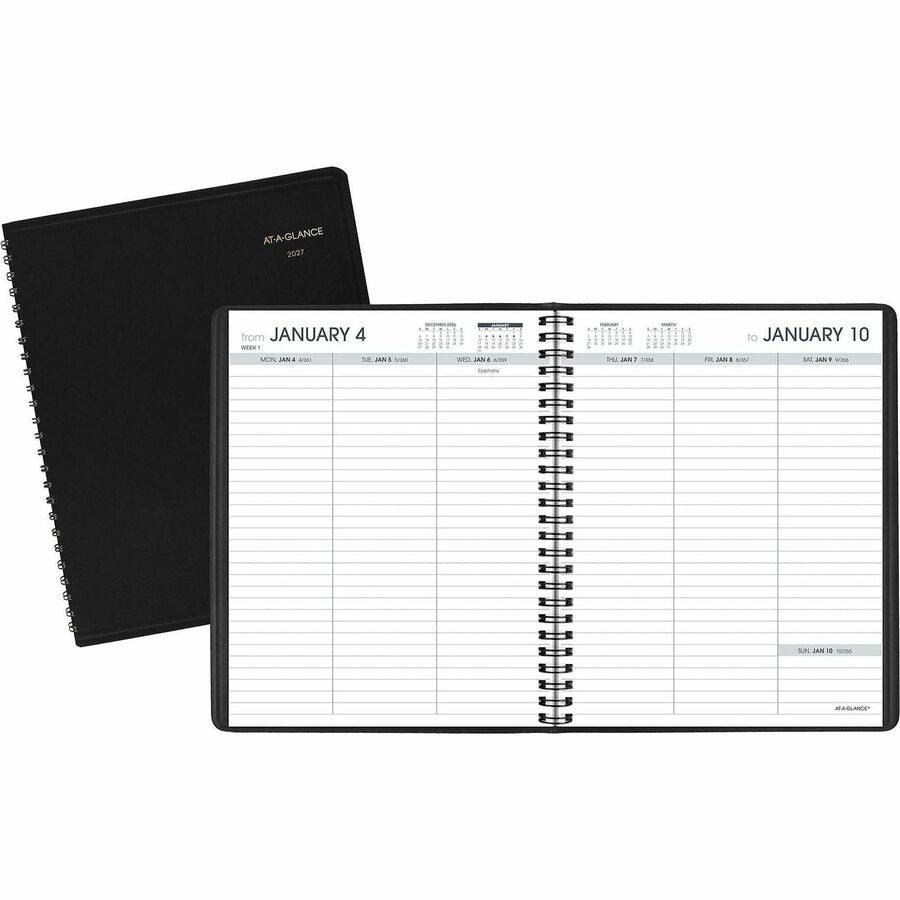 At-A-Glance Open Scheduling Planner - Medium - Julian Dates - Weekly - 1 Year - January 2027 to December 2027 - 1 Week Double Page Layout - 6 3/4" x 8 3/4" Sheet Size - White Sheet - Wire Bound - Black - Faux Leather - 1 Each