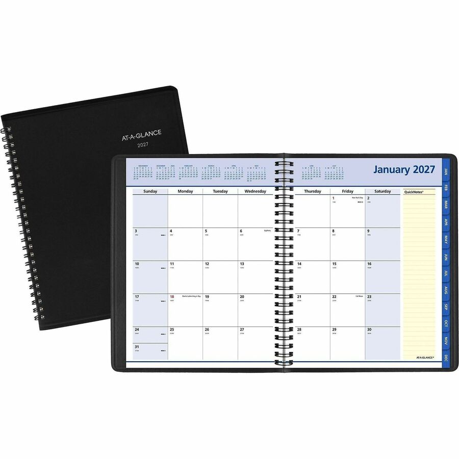 At-A-Glance QuickNotes Planner - Medium - Julian Dates - Monthly - 12 Month - January 2027 to December 2027 - 1 Month Double Page Layout - 7" x 8 3/4" Sheet Size - White Sheet - Wire Bound - Black - Simulated Leather - 1 Each