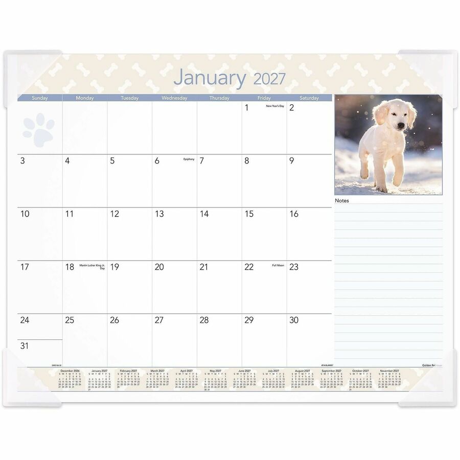 At-A-Glance Puppies Desk Pad - Standard - Monthly - 12 Month - January 2027 to December 2027 - 1 Month Single Page Layout - 21 3/4" x 17" Sheet Size - White Sheet - Desktop, Desk Pad - White - Paper - 1 Each