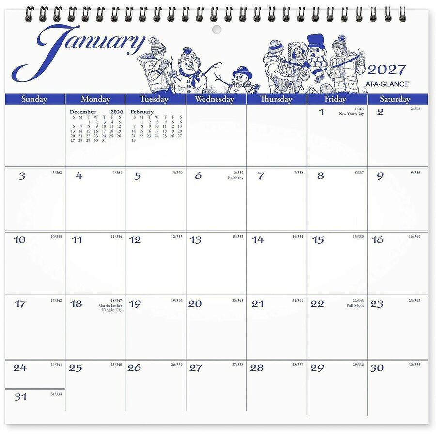 At-A-Glance Illustrator's EditionWall Calendar - Medium - Julian Dates - Monthly - 12 Month - January 2027 to December 2027 - 1 Month Single Page Layout - 12" x 12" Sheet Size - White Sheet - 1.63" x 1.75" Block - Wire Bound - Blue, White - Paper - 1 Each
