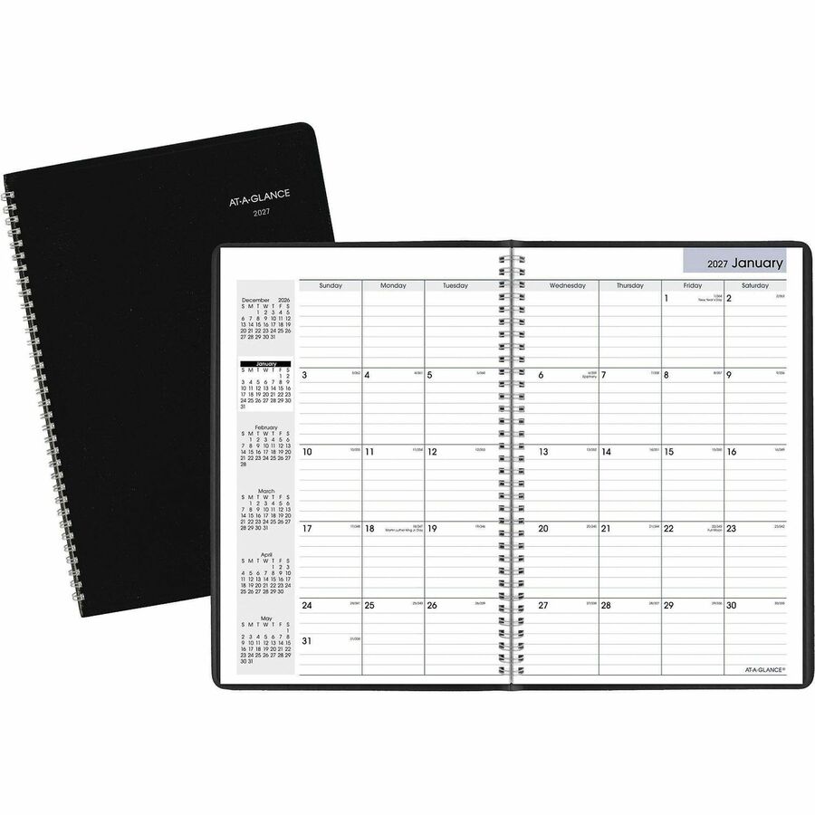 At-A-Glance DayMinderPlanner - Large - Julian Dates - Monthly - 14 Month - December 2026 to January 2028 - 1 Month Double Page Layout - 8" x 12" Sheet Size - White Sheet - Wire Bound - Simulated Leather, Faux Leather - Black Cover - 1 Each