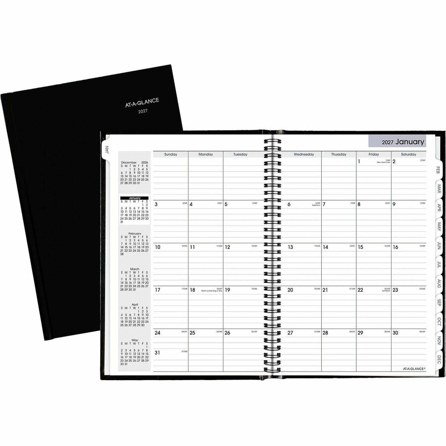 At-A-Glance DayMinder Premiere Planner - Large - Julian Dates - Monthly - 14 Month - December 2026 to January 2028 - 1 Month Double Page Layout - 8" x 11 3/4" Sheet Size - White Sheet - Concealed Wire - Black - Faux Leather - Black Cover - 1 Each