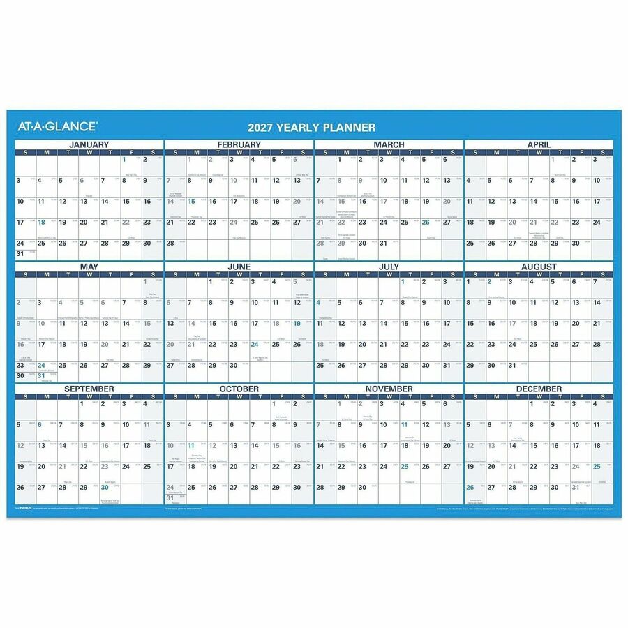 At-A-Glance Horizontal Reversible Erasable Wall Calendar - Large - Julian Dates - Yearly - 12 Month - January 2027 to December 2027 - 36" x 24" Sheet Size - White Sheet - 1.25" x 1.25" Block - Blue, Gray - Laminate - 1 Each