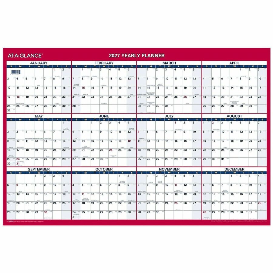 At-A-Glance Vertical Horizontal Reversible Wall Calendar - Large - Julian Dates - Yearly - 12 Month - January 2027 to December 2027 - 36" x 24" Sheet Size - White Sheet - 1.25" x 1.25" , 1.38" Block - Blue, White, Red - Paper - 1 Each