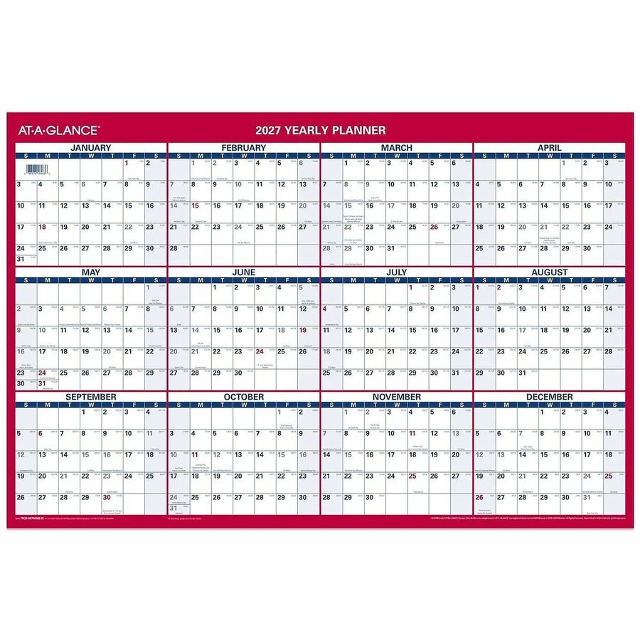 At-A-Glance Vertical Horizontal Reversible Erasable Wall Calendar - Large - Julian Dates - Yearly - 12 Month - January 2027 to December 2027 - 36" x 24" Sheet Size - White Sheet - 1.25" x 1.25" , 1.38" Block - Red, Blue - Laminate - 1 Each