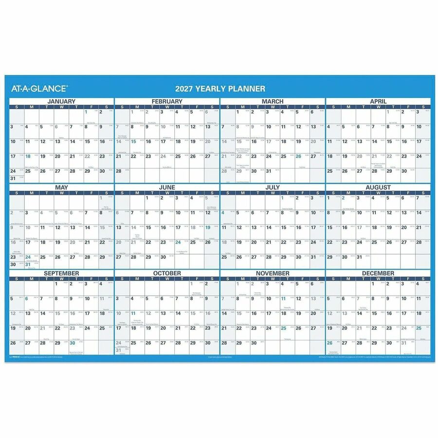 At-A-Glance Horizontal Reversible Erasable Wall Calendar - Extra Large - Julian Dates - Yearly - 12 Month - January 2027 to December 2027 - 48" x 32" Sheet Size - White Sheet - 1.63" x 1.50" Block - Gray - Laminate - 1 Each