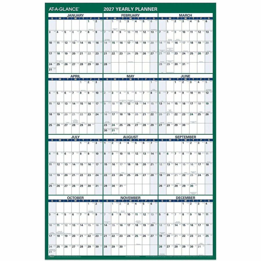 At-A-Glance Vertical Reversible Erasable Wall Calendar - Extra Large - Julian Dates - Yearly - 12 Month - January 2027 to December 2027 - 48" x 32" Sheet Size - White Sheet - Green - Laminate - 1 Each
