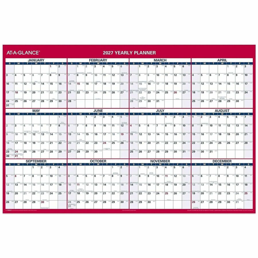 At-A-Glance Vertical Reversible Horizontal Erasable Wall Calendar - Extra Large - Julian Dates - Yearly - 12 Month - January 2027 to December 2027 - 48" x 32" Sheet Size - White Sheet - 1.25" x 1.88" , 1.63" x 1.63" Block - Red - Laminate - 1 Each