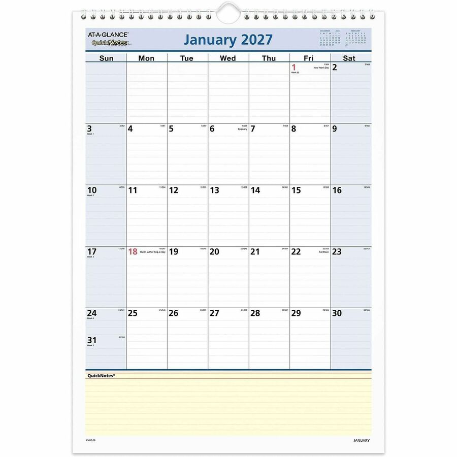 At-A-Glance QuickNotes Wall Calendar - Medium - Julian Dates - Monthly - 12 Month - January 2027 to December 2027 - 1 Month Single Page Layout - 12" x 17" Sheet Size - 1.50" x 2.25" Block - Wire Bound - White - Paper - 1 Each