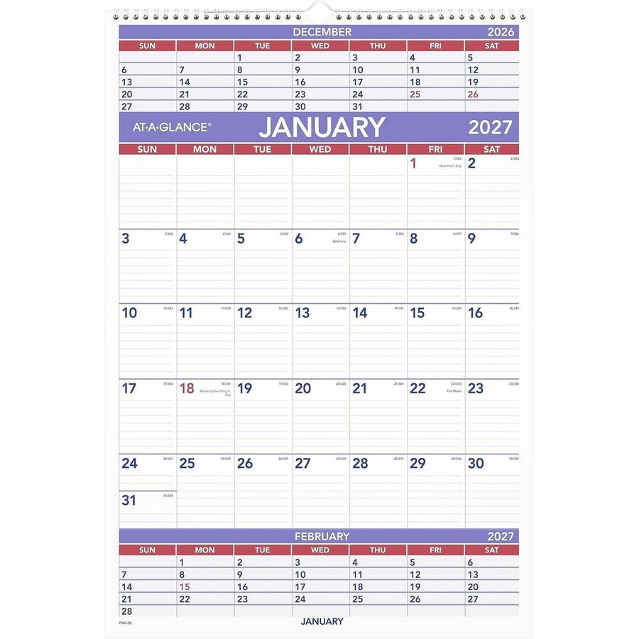 At-A-Glance 3-Month Wall Calendar - Large - Julian Dates - Monthly - 12 Month - January 2027 to December 2027 - 3 Month Single Page Layout - 15 1/2" x 22 3/4" Sheet Size - White Sheet - 2" x 2.50" Block - Wire Bound - White - Chipboard, Paper - 1 Each