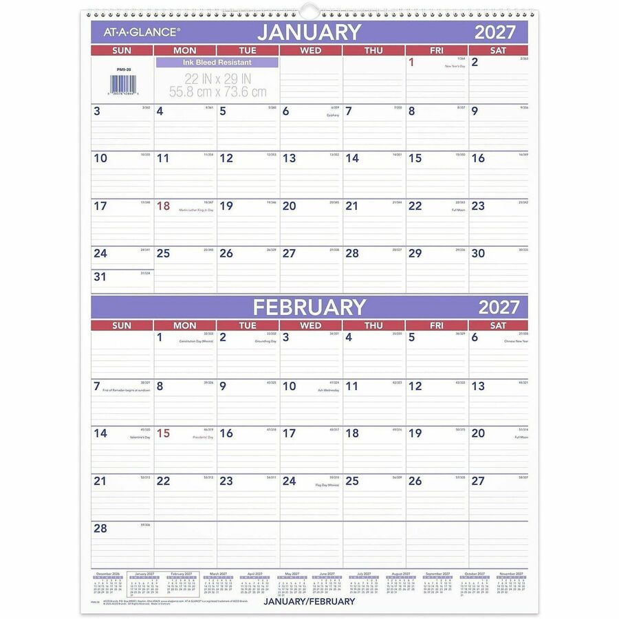 At-A-Glance 2-Month Wall Calendar - Large - Julian Dates - Monthly - 12 Month - January 2027 to December 2027 - 2 Month Single Page Layout - 29" x 22" Sheet Size - White Sheet - 3" x 2.25" Block - Wire Bound - White - Paper - 1 Each