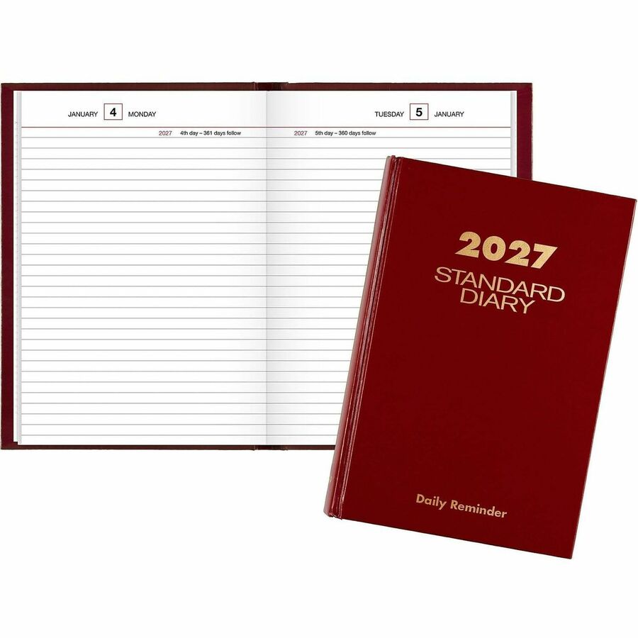 At-A-Glance Standard Diary Reminder - Small - Business - Julian Dates - Daily - 12 Month - January 2027 to December 2027 - 1 Day Single Page Layout - 5 3/4" x 8 1/4" Sheet Size - White Sheet - Case Bound - Vinyl, Faux Leather - Red Cover - 1 Each