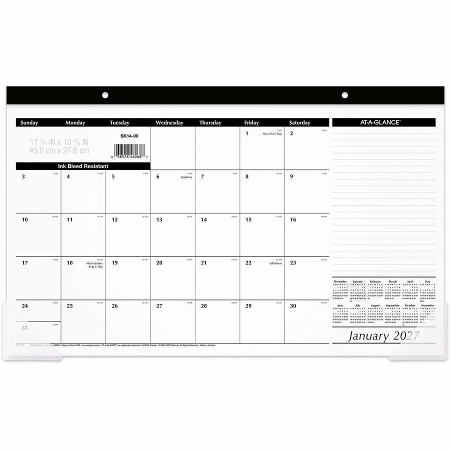 At-A-Glance Desk Pad Calendar - Julian Dates - Monthly - 12 Month - January 2027 to December 2027 - 1 Month Single Page Layout - 17 3/4" x 11" Sheet Size - White Sheet - 1.50" x 1.50" Block - Headband - Desktop, Desk Pad - Black - Poly, Paper - 1 Each