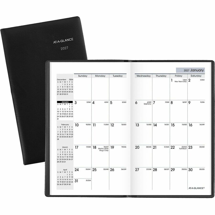 DayMinder Monthly Planner, Black, Pocket, 3 1/2" x 6" - Pocket - Julian Dates - Monthly - 14 Month - December 2026 to January 2028 - 1 Month Double Page Layout - 3 1/2" x 6" Sheet Size - White Sheet - Stapled - Leather - Black - Simulated Leather, Pape...