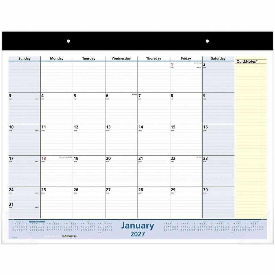 At-A-Glance QuickNotes Monthly Desk Pad Calendar, Standard - Standard - Julian Dates - Monthly - 13 Month - January 2027 to January 2028 - 1 Month Single Page Layout - 22" x 17" Sheet Size - White Sheet - 2.50" x 2.50" Block - Headband - Desktop - Blue...
