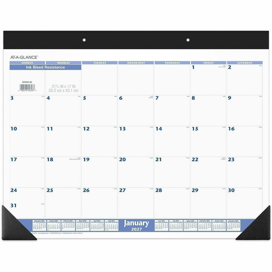 At-A-Glance Desk Pad Calendar - Standard - Julian Dates - Monthly - 12 Month - January 2027 to December 2027 - 1 Month Single Page Layout - 21 3/4" x 17" Sheet Size - White Sheet - Headband - Desk Pad - Blue, Gray, White - Poly, Paper - 1 Each