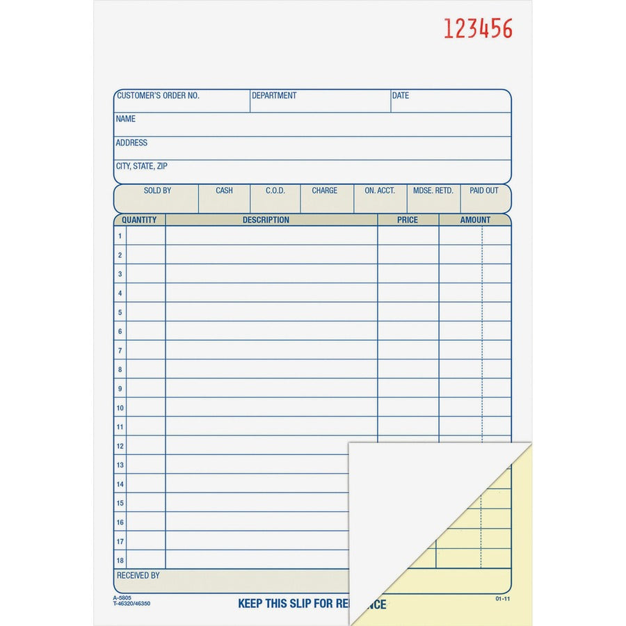 Adams Carbonless 2-part Numbered Sales Order Books - 50 Sheet(s) - 2 Part - Carbonless Copy - 5.56" x 8.43" Sheet Size - White, Canary - Assorted Sheet(s) - Red Print Color - 1 Each
